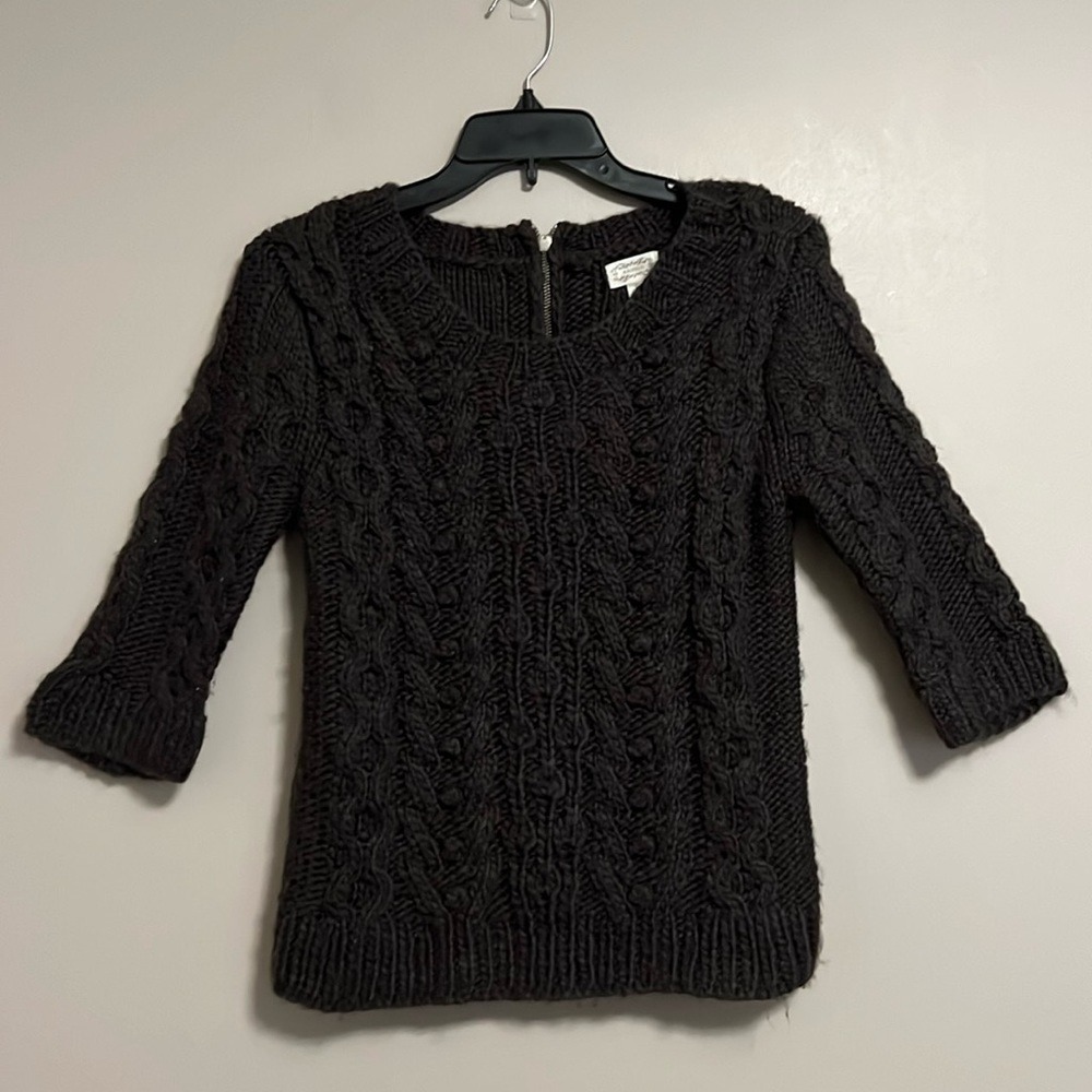 Kaisely Charcoal Cable Knit Wool Blend‎ Back Zip Sweater 3/4 Sleeve Medium